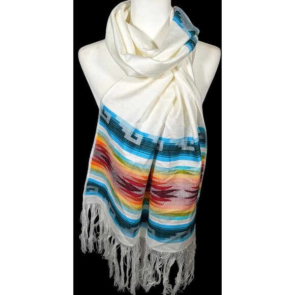 Handwoven Southwestern White And Rainbow Scarf With Fringe - Picture 1 of 8